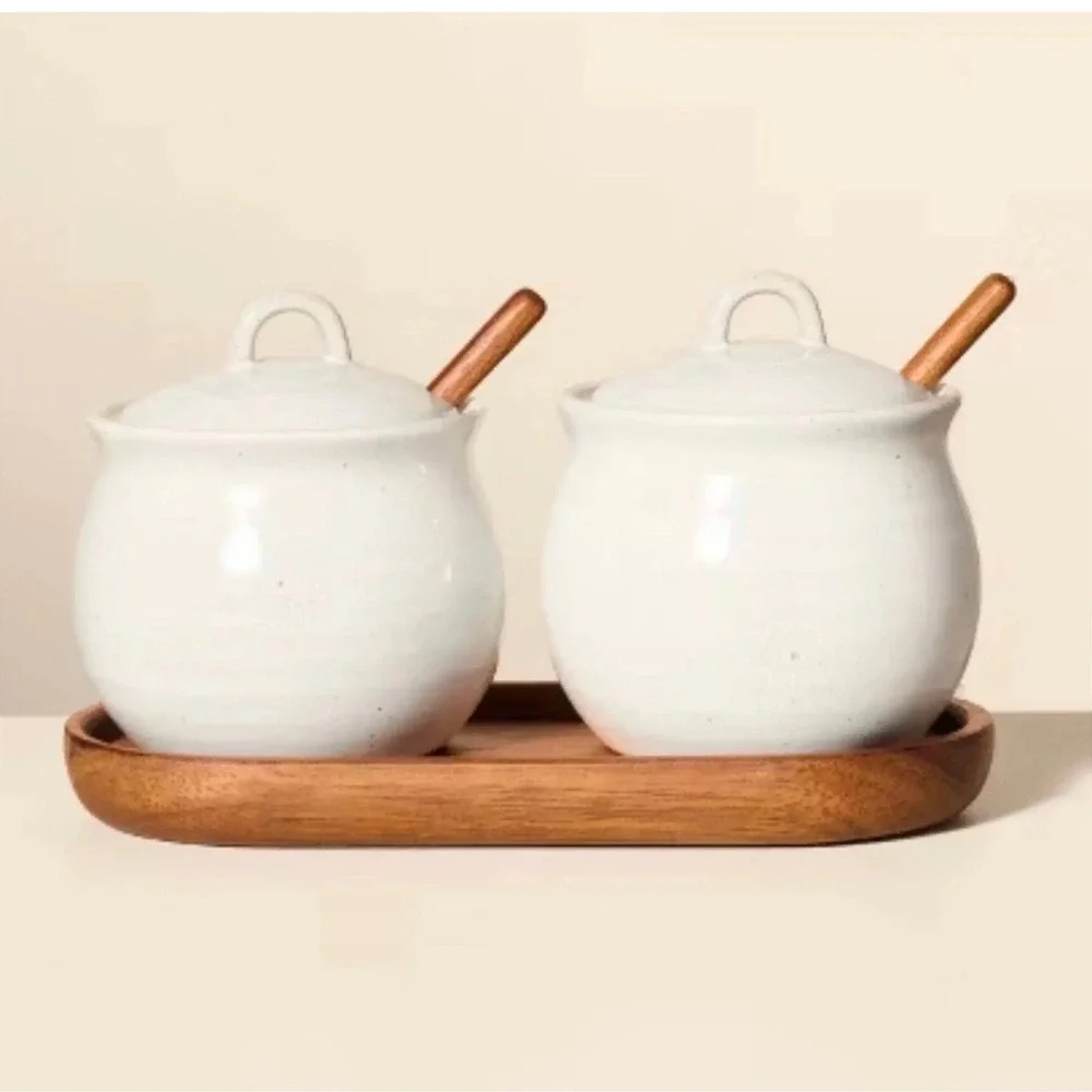 Hearth & Hand Magnolia Salt & Pepper Cellar Set White Stoneware Acacia Wood 5pc